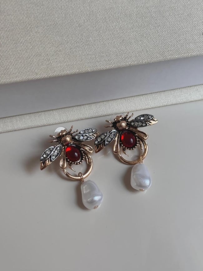 Vintage Bee Pearl Drop Earrings with Red Gem – Gold-Tone Finish Jewelry