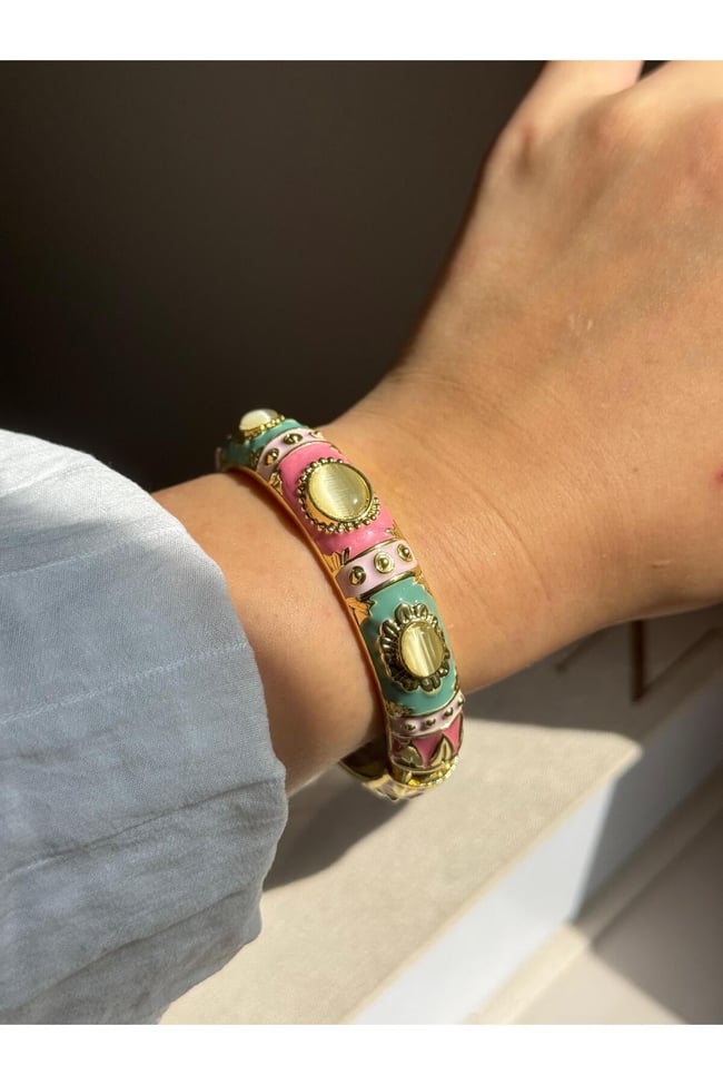 Vintage Renkli Taşlı Altın Kaplama Kelepçe Bileklik – Pembe & Mint & Lila