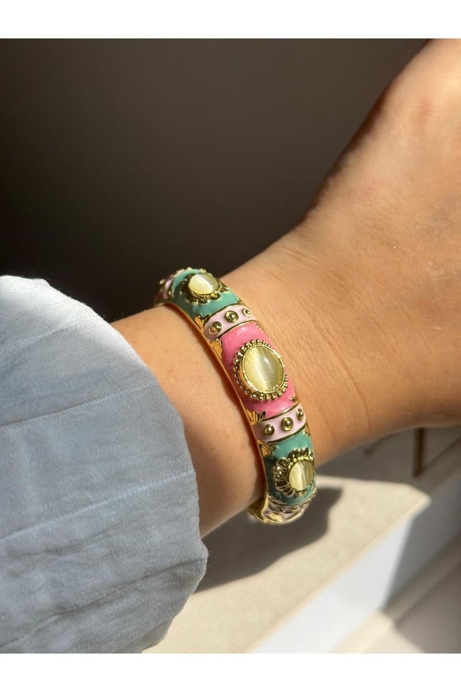Vintage Renkli Taşlı Altın Kaplama Kelepçe Bileklik – Pembe & Mint & Lila