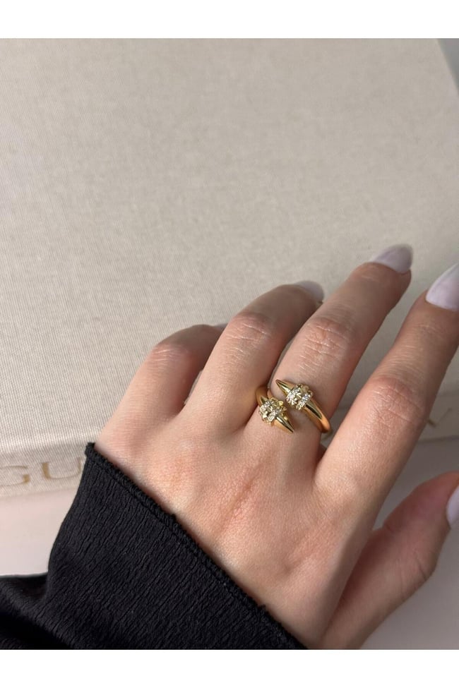 Zirkon Taş Detaylı Sarmal Çivi Model Ayarlanabilir Çelik Yüzük – Gold