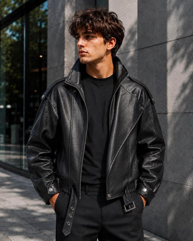 Oversize kemerli erkek deri ceket