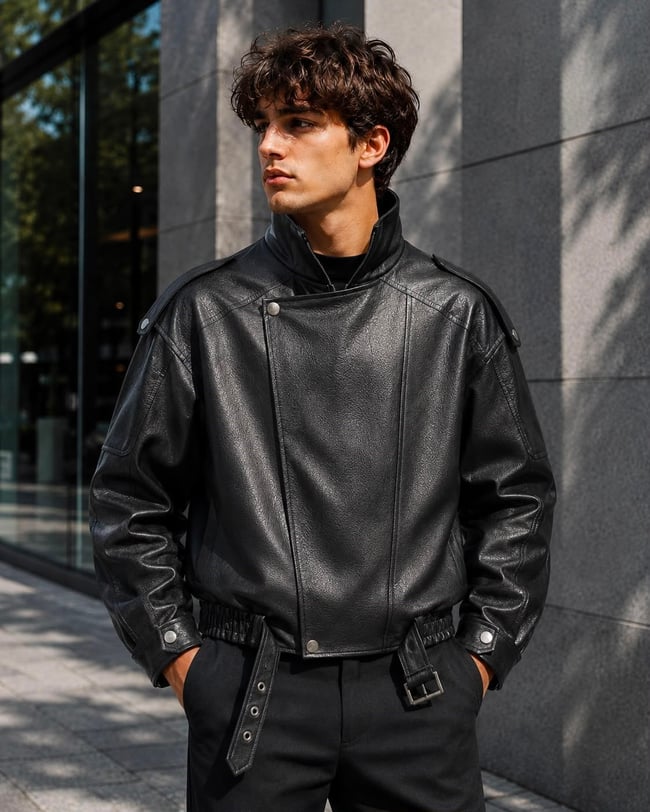 Oversize kemerli erkek deri ceket