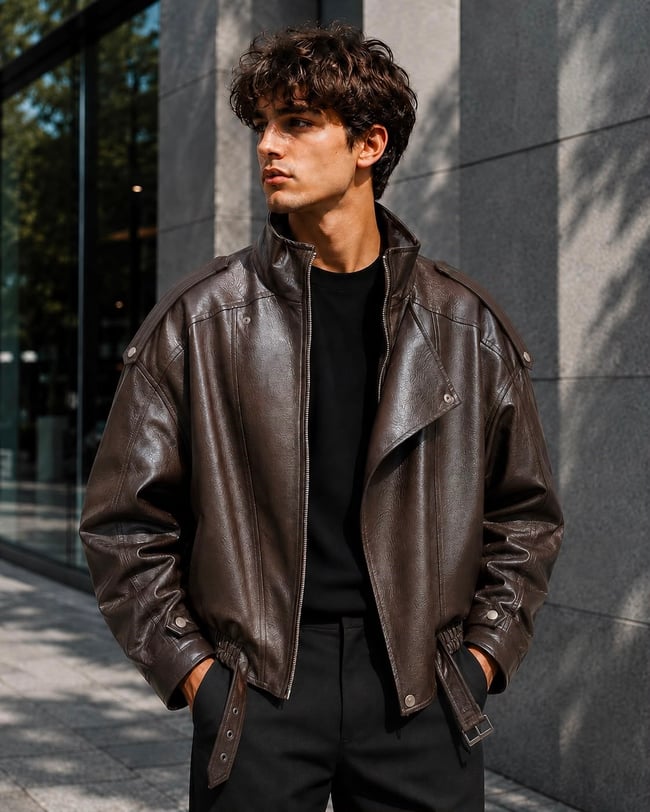 Oversize kemerli erkek deri ceket