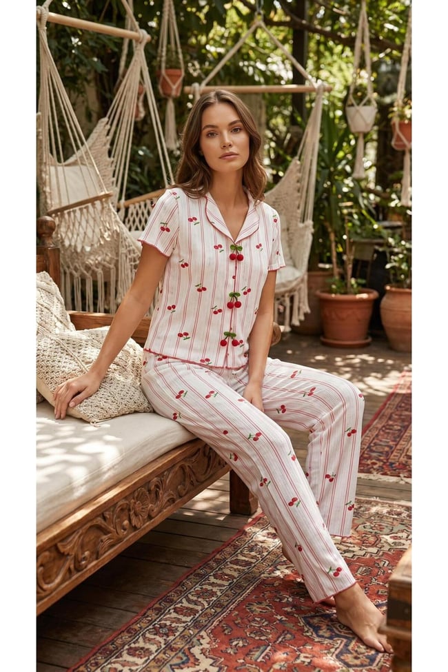 BEYAZ KİRAZ BASKILI YUMUŞACIK ÖNDEN KİRAZ AKSESUAR DETAYLI KISA KOL ALTI UZUN POİNTELLA KUMAŞ PİJAMA TAKIMI.