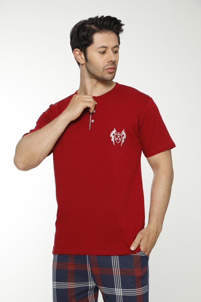 Erkek Bordo Ekoseli Pijama Takımı