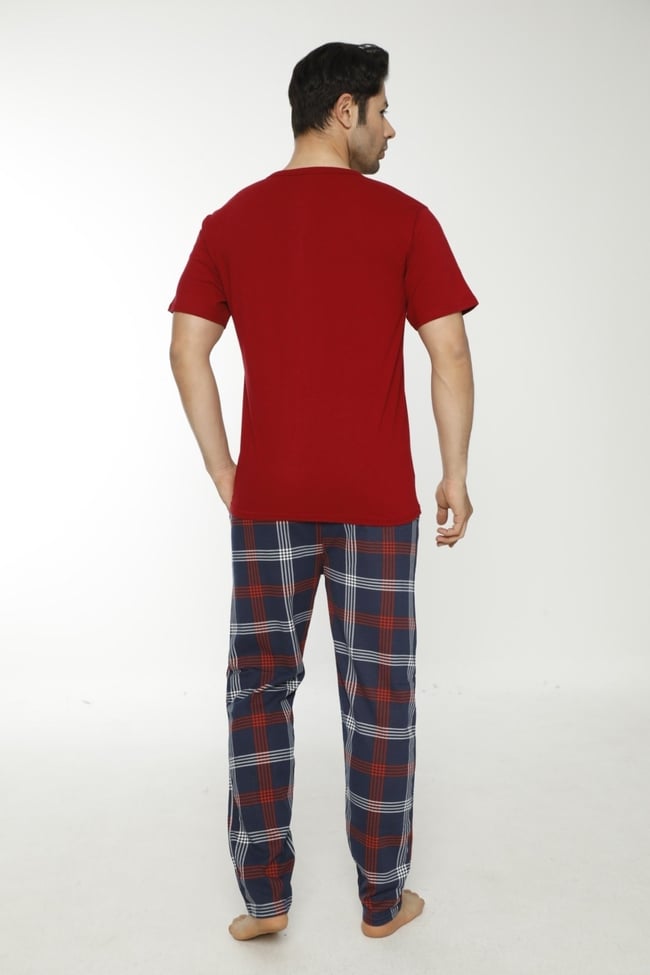 Erkek Bordo Ekoseli Pijama Takımı