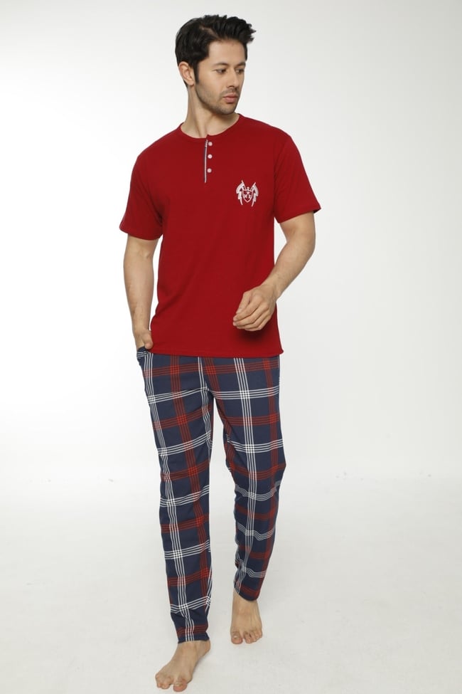 Erkek Bordo Ekoseli Pijama Takımı