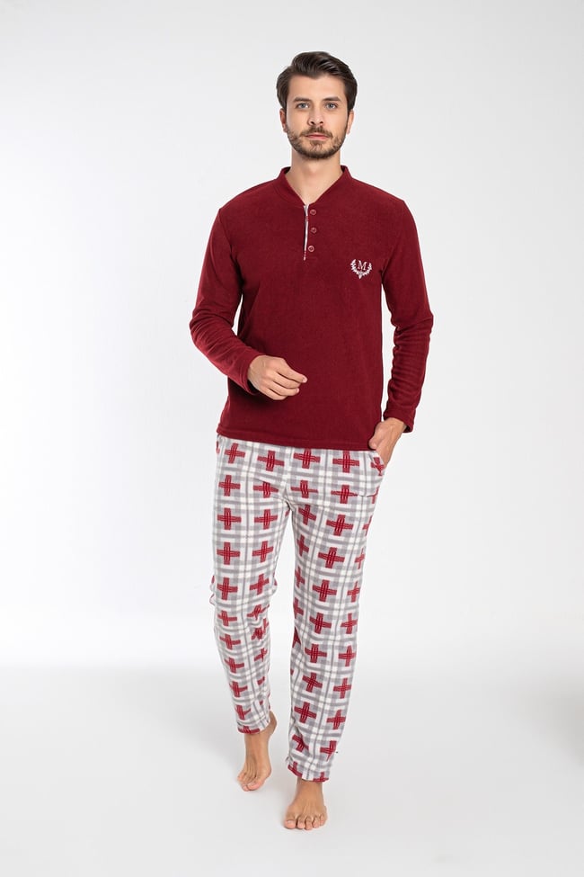 Erkek Bordo Hakim Yaka Önü Düğmeli Ve Nakışlı Polar Pijama Takımı.