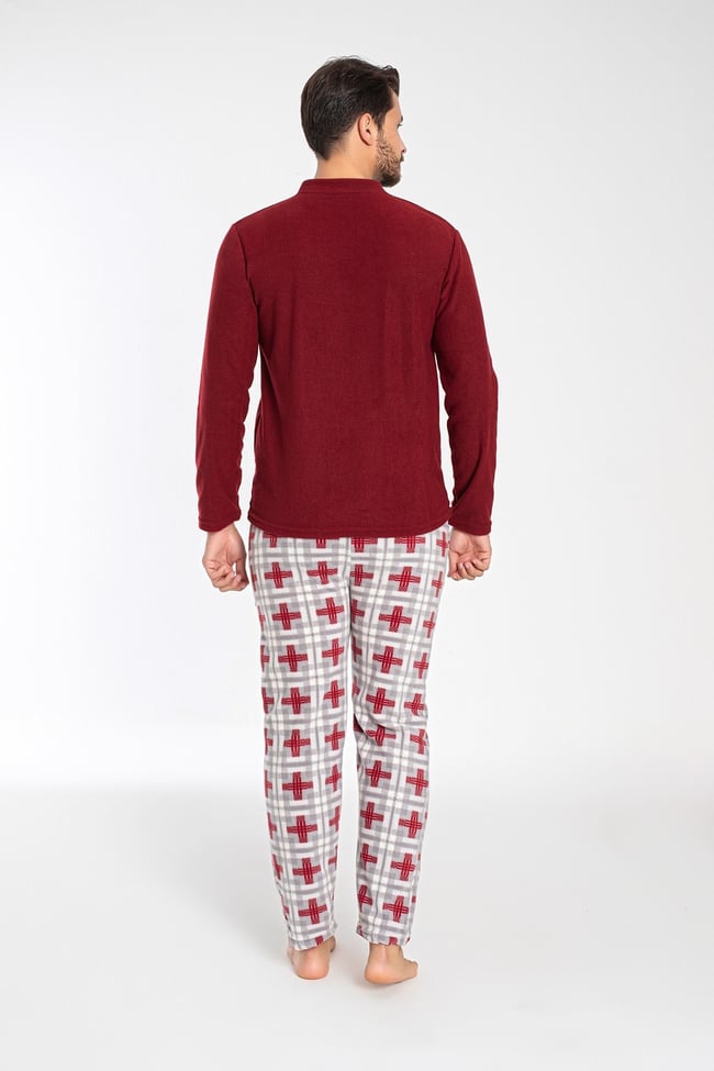 Erkek Bordo Hakim Yaka Önü Düğmeli Ve Nakışlı Polar Pijama Takımı.