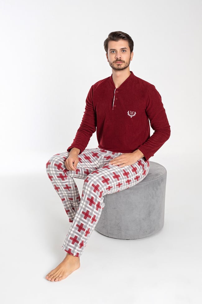 Erkek Bordo Hakim Yaka Önü Düğmeli Ve Nakışlı Polar Pijama Takımı.