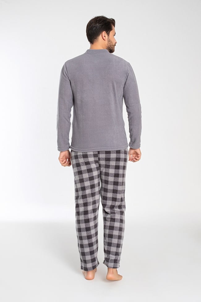 Erkek Füme Hakim Yaka Önü Düğmeli Ve Nakışlı Polar Pijama Takımı.