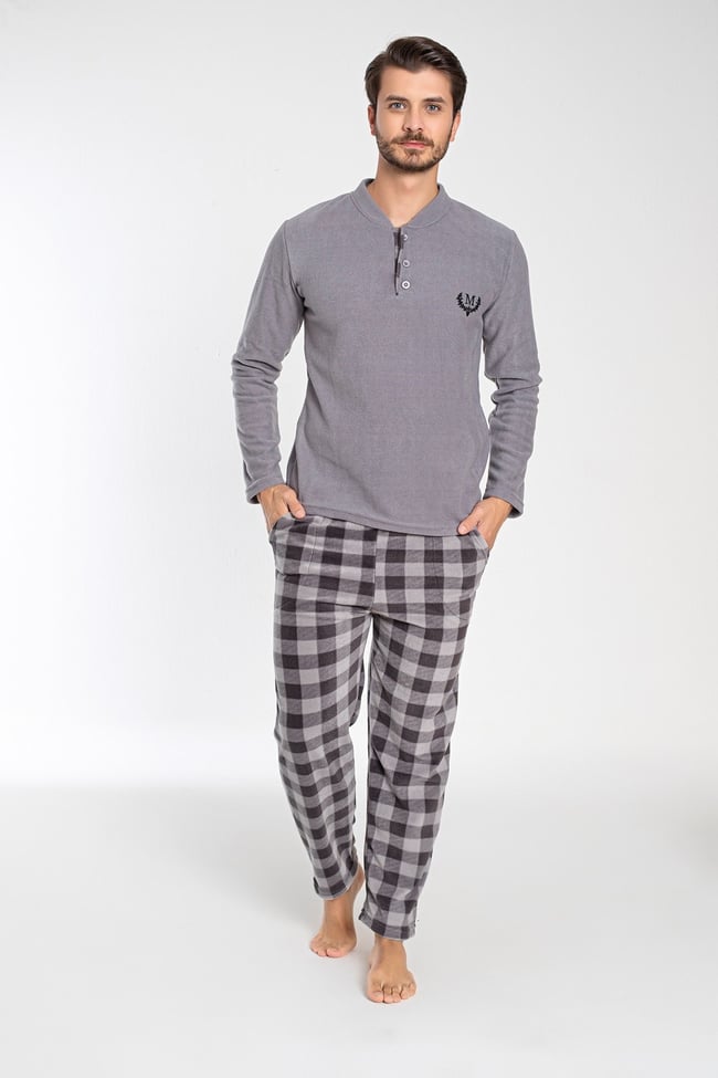 Erkek Füme Hakim Yaka Önü Düğmeli Ve Nakışlı Polar Pijama Takımı.