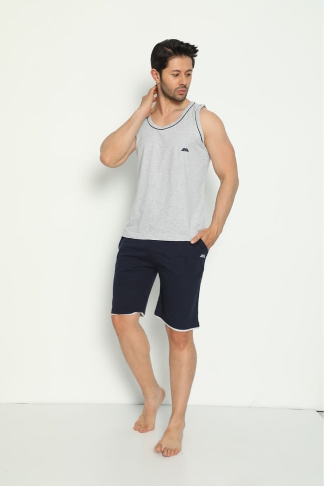 Erkek Gri Biyeli Atlet Lacivert Biyeli Kapri Şort Takım