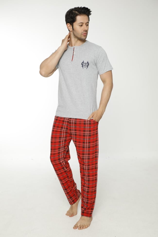 Erkek Gri Ekoseli Pijama Takımı