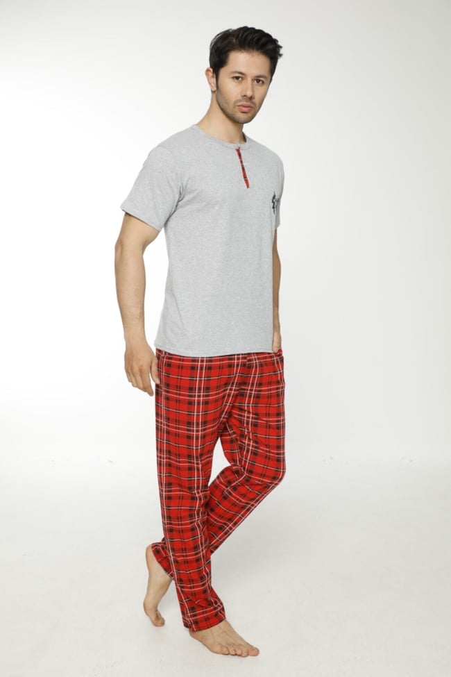 Erkek Gri Ekoseli Pijama Takımı