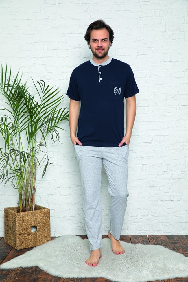 Erkek Indigo Hakim Yaka Cepli Pijama Takımı