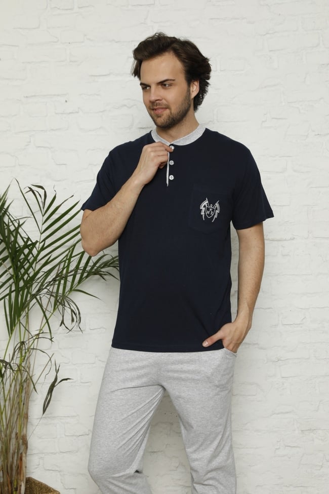 Erkek Indigo Hakim Yaka Cepli Pijama Takımı