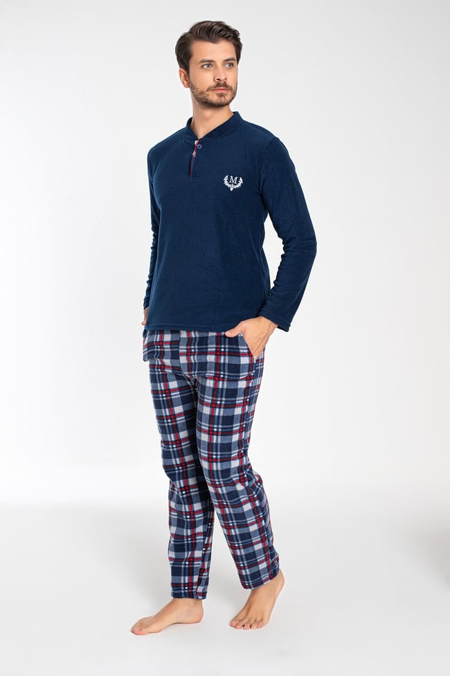 Erkek Indigo Hakim Yaka Önü Düğmeli Ve Nakışlı Polar Pijama Takımı.