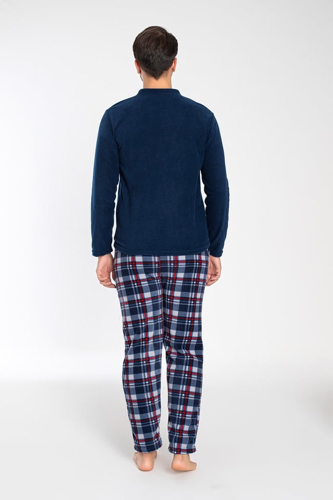 Erkek Indigo Hakim Yaka Önü Düğmeli Ve Nakışlı Polar Pijama Takımı.
