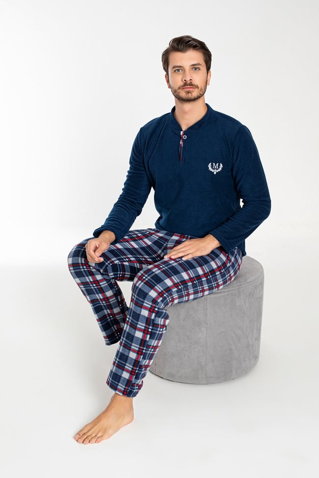 Erkek Indigo Hakim Yaka Önü Düğmeli Ve Nakışlı Polar Pijama Takımı.