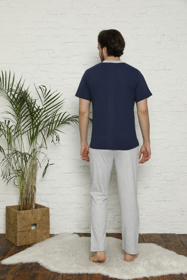 Erkek Lacivert Hakim Yaka Cepli Pijama Takımı