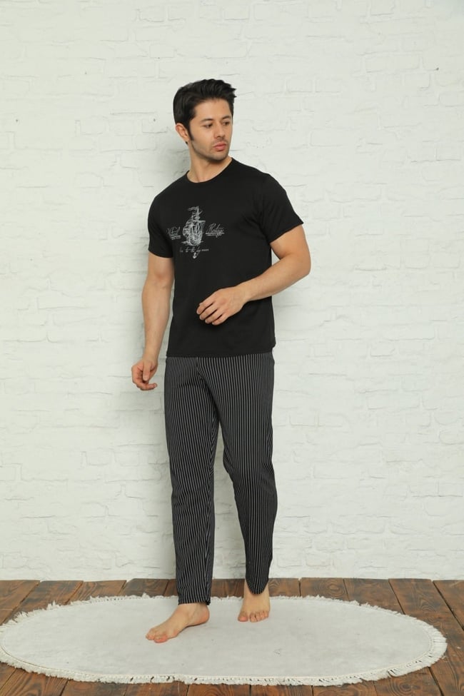 Erkek Siyah Gemi Baskılı Çizgili Pijama Takımı