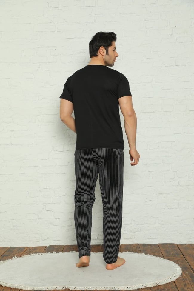 Erkek Siyah Gemi Baskılı Çizgili Pijama Takımı