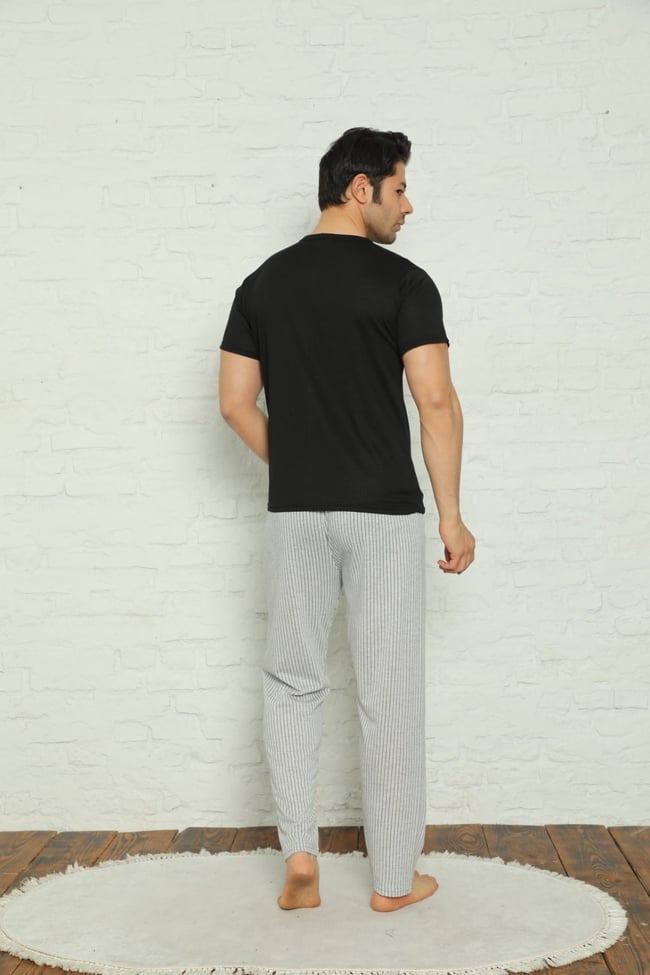 Erkek Siyah Gemi Baskılı Çizgili Pijama Takımı