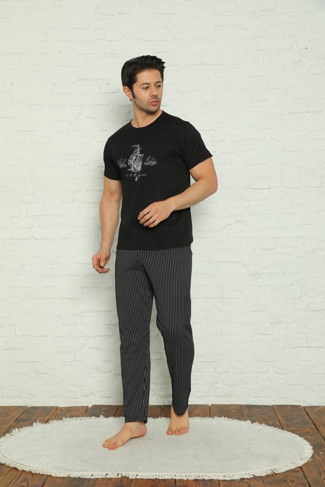 Erkek Siyah Gemi Baskılı Çizgili Pijama Takımı
