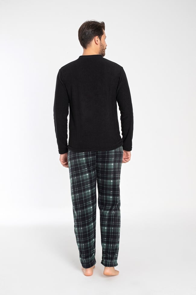 Erkek Siyah Hakim Yaka Önü Düğmeli Ve Nakışlı Polar Pijama Takımı.