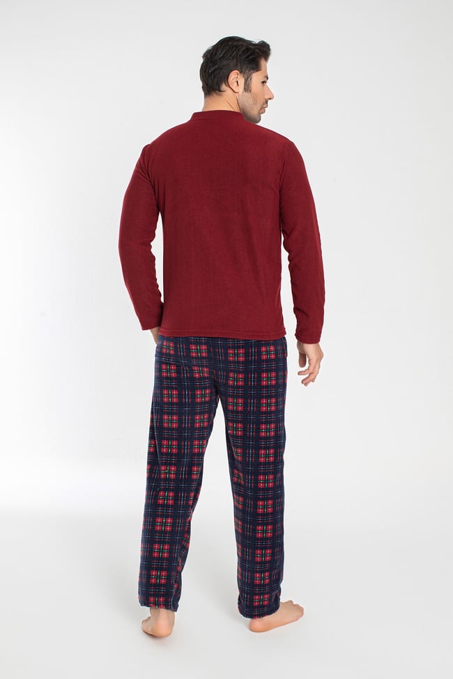 Erkek Vişne Çürüğü Hakim Yaka Önü Düğmeli Ve Nakışlı Polar Pijama Takımı.