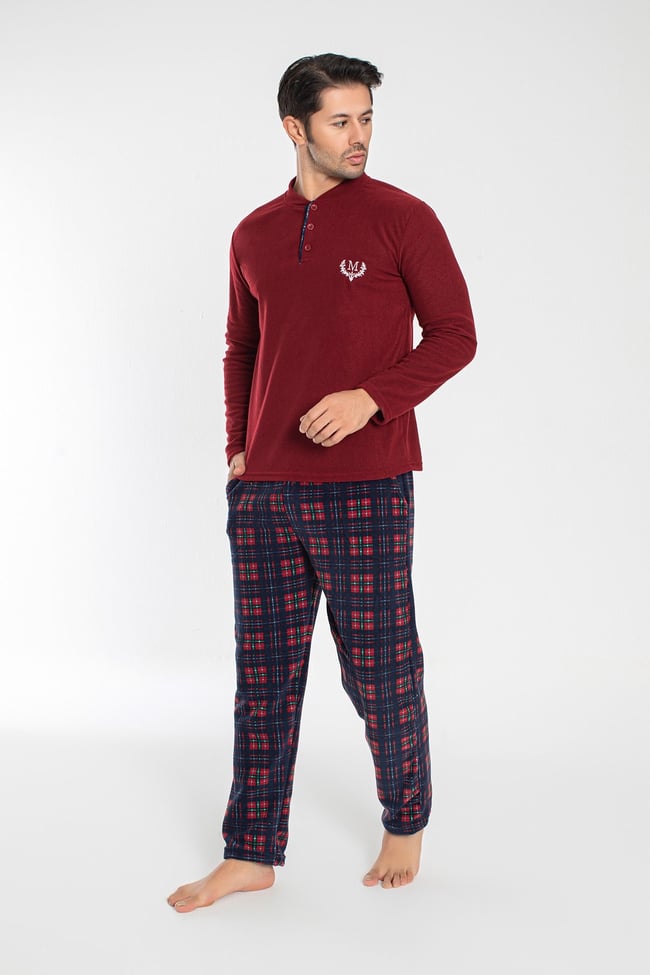 Erkek Vişne Çürüğü Hakim Yaka Önü Düğmeli Ve Nakışlı Polar Pijama Takımı.