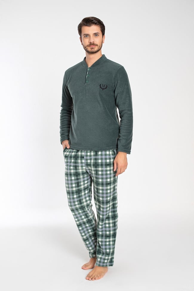 Erkek Yeşil Hakim Yaka Önü Düğmeli Ve Nakışlı Polar Pijama Takımı.