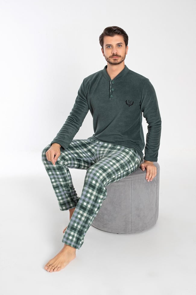 Erkek Yeşil Hakim Yaka Önü Düğmeli Ve Nakışlı Polar Pijama Takımı.
