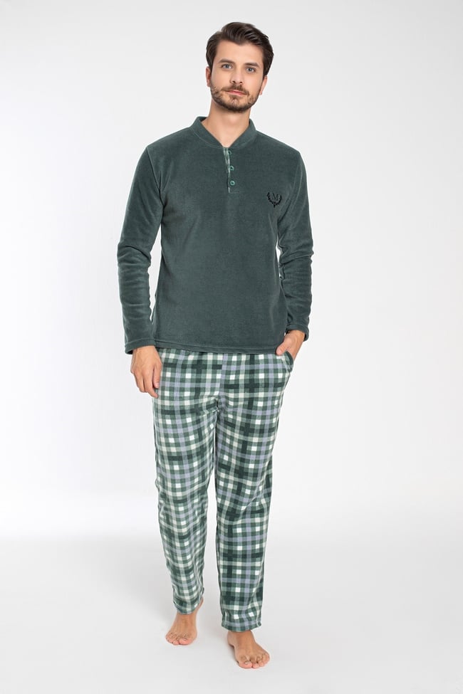 Erkek Yeşil Hakim Yaka Önü Düğmeli Ve Nakışlı Polar Pijama Takımı.
