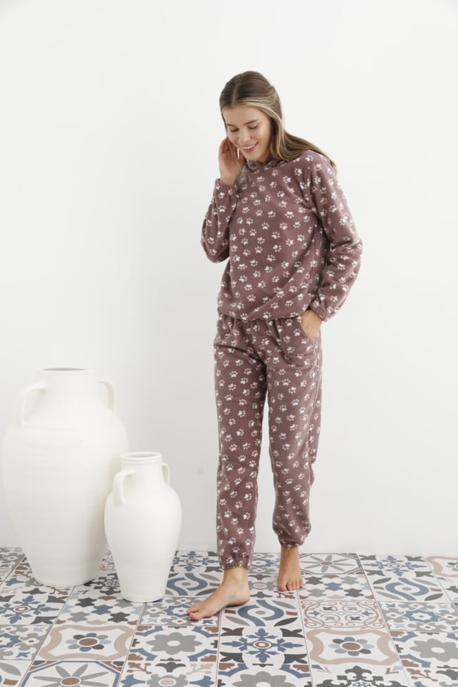 Kadın Açık Kahverengi Pati Desenli Kapüşonlu Polar Eşofman Pijama Takımı