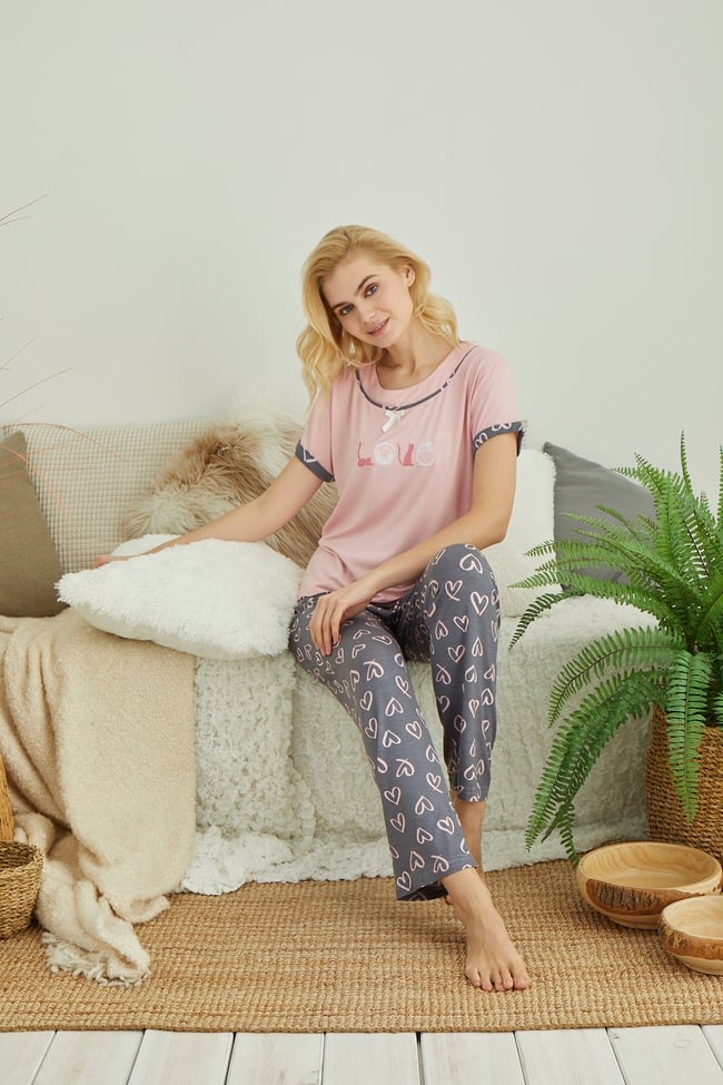 Kadın Açık Pembe Kedili Love Nakışlı Pijama Takımı