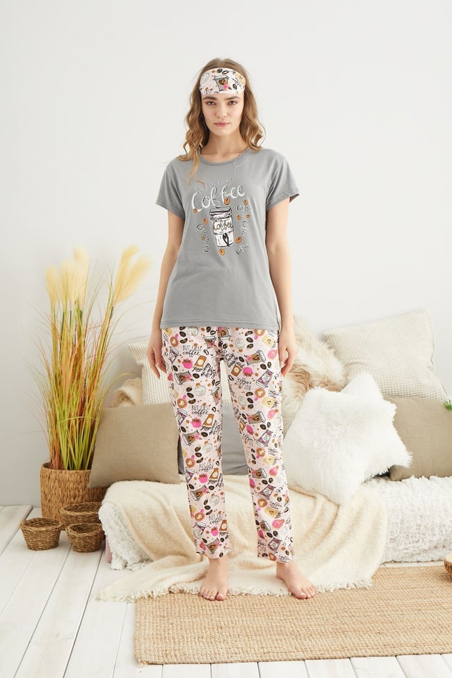 Kadın Antrasit Kahve Baskılı Pijama Takımı