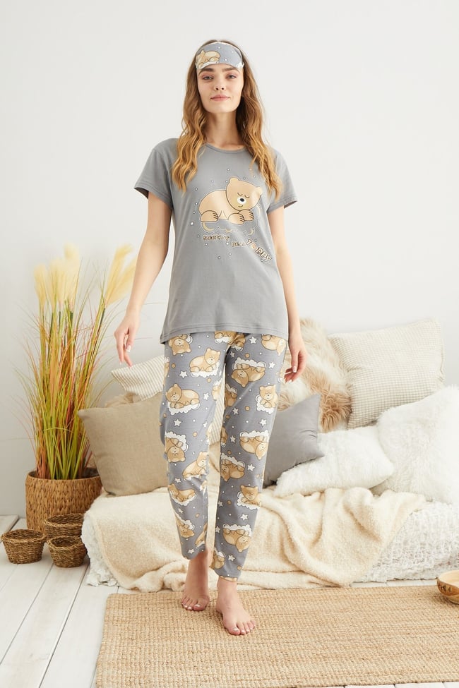 Kadın Antrasit Sevimli Uyuyan Ayıcık Baskılı Pijama Takımı