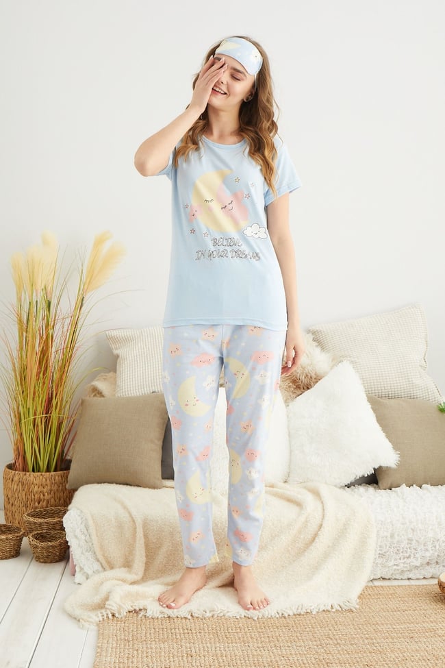 Kadın Bebe Mavisi Ay Yldız Baskılı Pijama Takımı