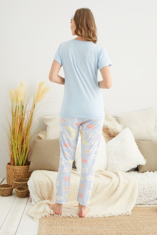 Kadın Bebe Mavisi Ay Yldız Baskılı Pijama Takımı