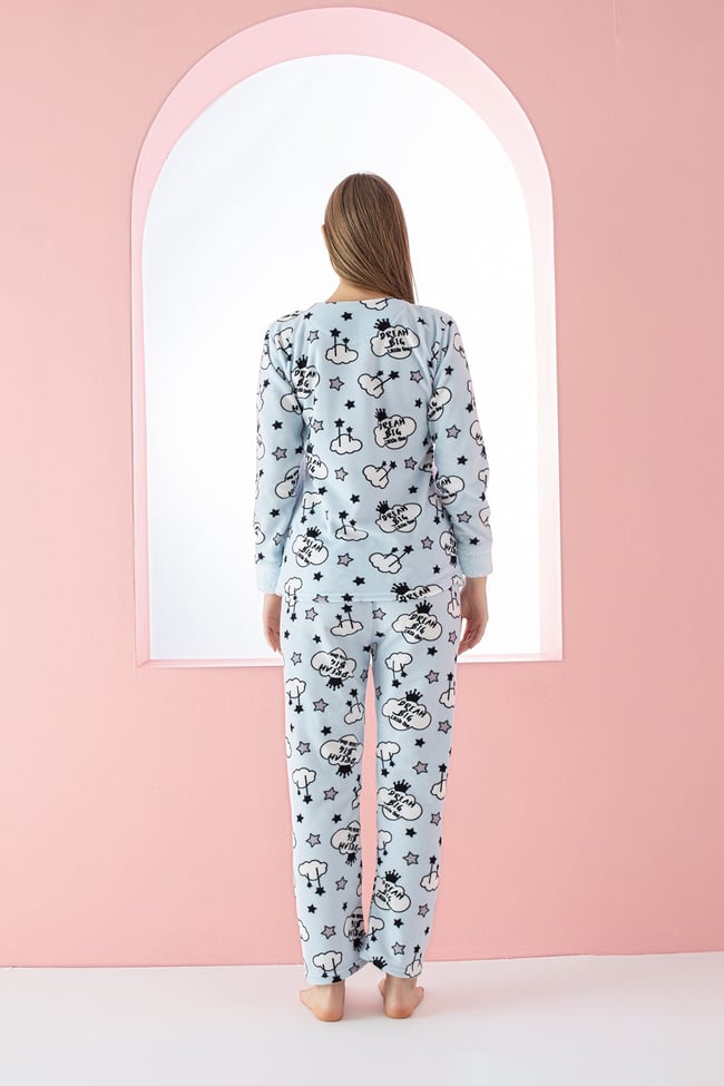 Kadın Bebe Mavisi Dream Big Yazı Nakışlı Polar Peluş Pijama Takımı.