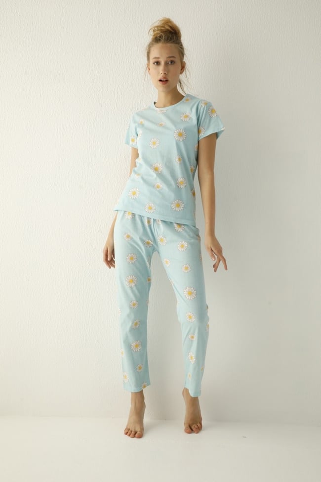 Kadın Bebe Mavisi Papatya Desenli Pijama Takımı