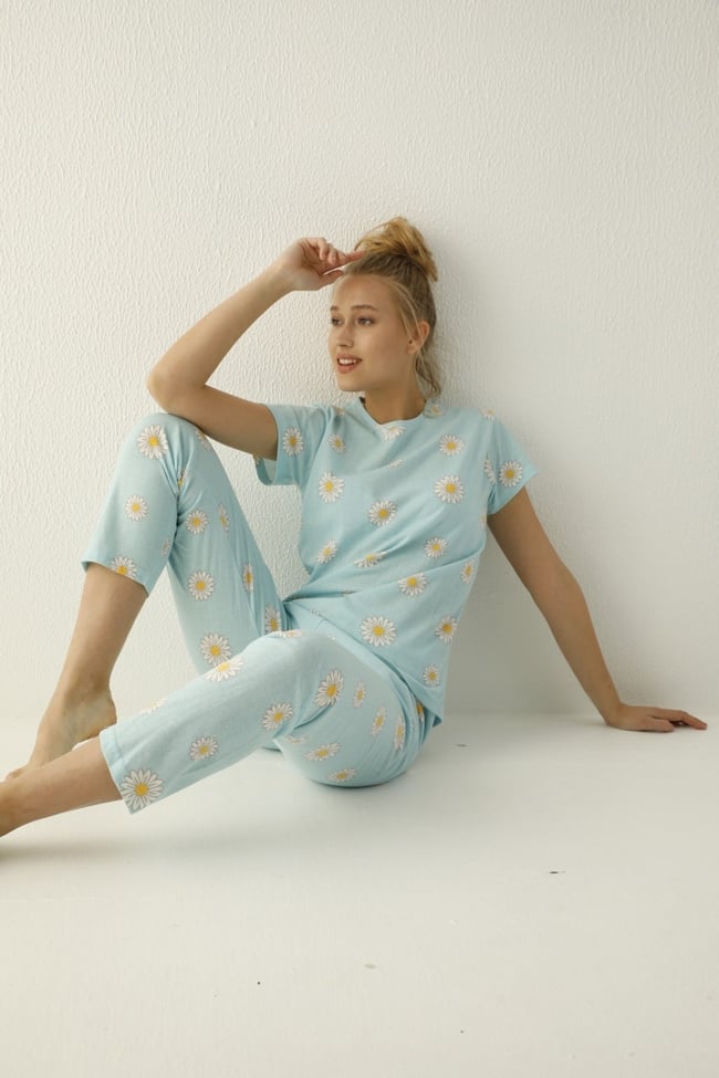 Kadın Bebe Mavisi Papatya Desenli Pijama Takımı