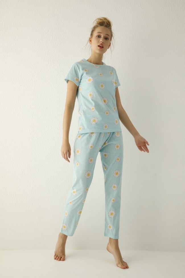 Kadın Bebe Mavisi Papatya Desenli Pijama Takımı