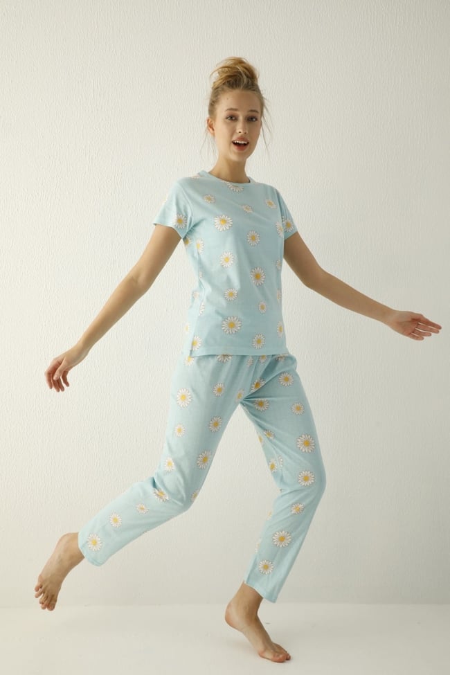 Kadın Bebe Mavisi Papatya Desenli Pijama Takımı