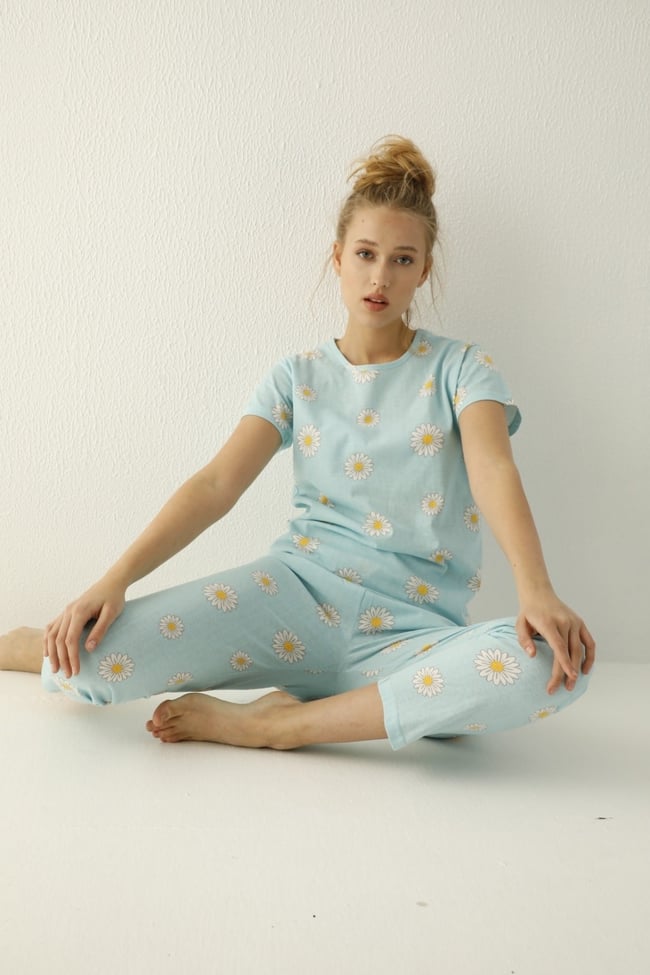 Kadın Bebe Mavisi Papatya Desenli Pijama Takımı