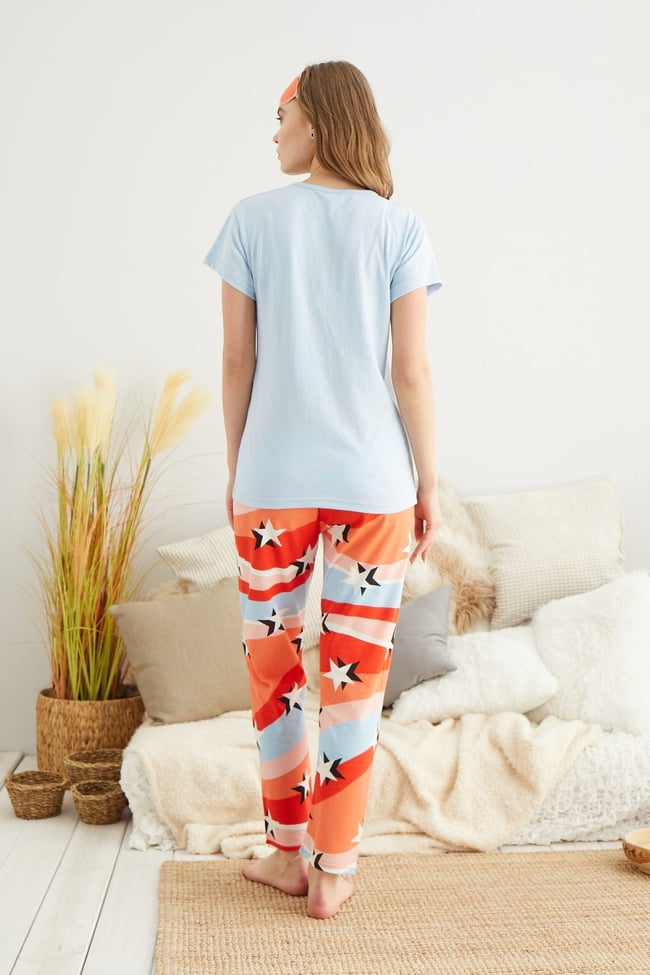 Kadın Bebe Mavisi Yıldız Baskılı Pijama Takımı