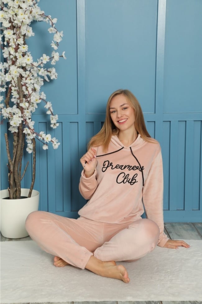 Kadın Bej Dreamers Club Nakışlı Kapüşonlu Ve Cepli Fransız Kadife Eşofman Takımı