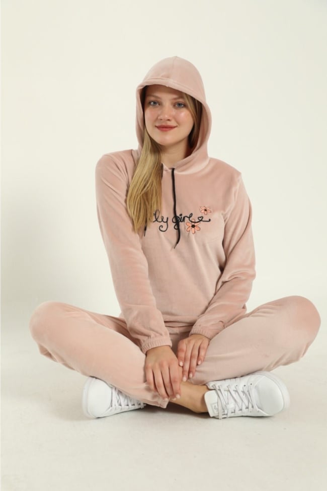 Kadın Bej Lovely Girl Nakışlı Kapüşonlu Ve Cepli Fransız Kadife Eşofman Takımı